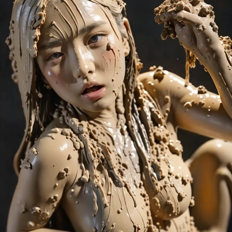 (masterpiece, highest quality: 1.2, ultra high resolution), girl, full body shot, nude, messy, mushy, (full of clay all over face: 1.5), clay dripping from mouth, clay in hair, full of clay all over, completely covered in clay from head to toe
