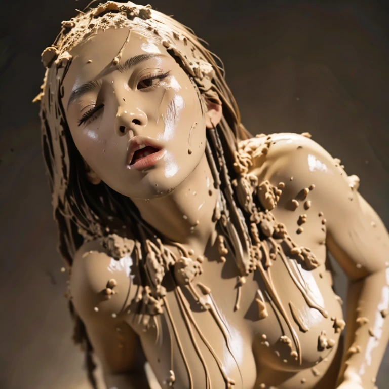 (masterpiece, highest quality: 1.2, ultra high resolution), girl, full body shot, nude, messy, mushy, (full of clay all over face: 1.5), clay dripping from mouth, clay in hair, full of clay all over, completely covered in clay from head to toe