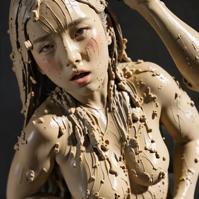 (masterpiece, highest quality: 1.2, ultra high resolution), girl, full body shot, nude, messy, mushy, (full of clay all over face: 1.5), clay dripping from mouth, clay in hair, full of clay all over, completely covered in clay from head to toe
