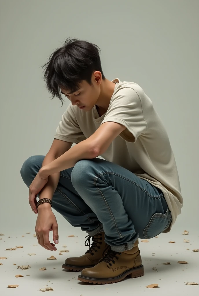 A young man sitting on a stool with a plain gray background