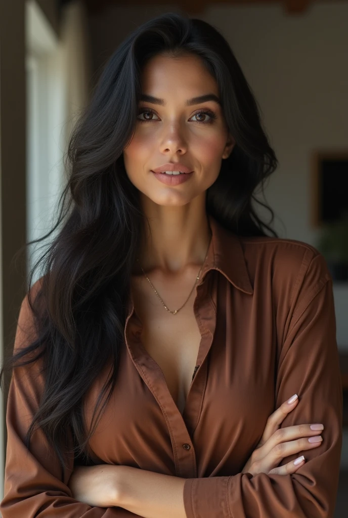 a woman who has a Sarah Bennet, a 3 Brazilian influencer from Florianópolis, is known for her radiant oval face and captivating appearance. Their long, blackw, straight hair flows gracefully over her shoulders, framing her mesmerizing honey-brown eyes that shine with intelligence and warmth. Sarah's facial features are delicately feminine and perfectly balanced., com um nariz elegante e maçãs do rosto Softmente definidas. She completes, naturally pink lips often curve into a, friendly smile that reaches your eyes, adding to its charm and sophistication. Taking meticulous care of your appearance, Sarah keeps it clear, Soft, and golden skin that radiates a healthy glow. Her timeless beauty and confident attitude make her a respected figure., combining her passion for teddy bears with a deep commitment to self-knowledge and spirituality. She's wearing a modern, elegant outfit consisting of a silk midi dress in a neutral color such as beige or light gray, with a fluid drape and a minimalist design with subtle details. The dress has a fitted waist accentuated by a thin leather belt.. She accessorized with small gold earrings and a delicate bracelet.. Your makeup is natural and flawless, with a light base, a touch of blush, and nude lipstick. O cabelo dela é solto e Softmente ondulado, reflecting natural light. The background shows a, modern home interior with minimalist furniture, elegant plants, and lots of natural light from a large window. Infinity"