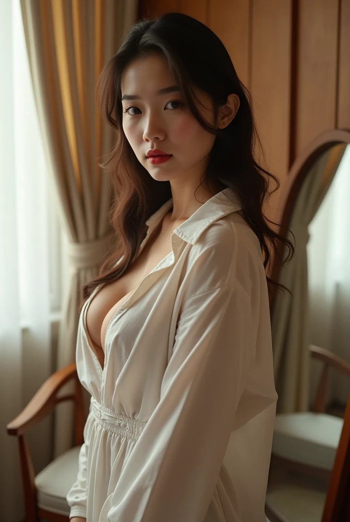A girl of 21, wear skin color shirt, big breasts, put her both hands on breast. In a beautiful room