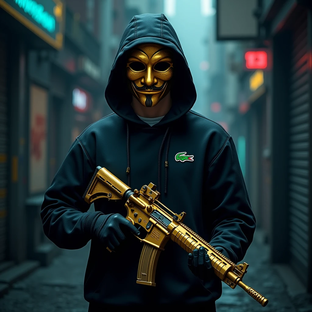 a masked man wearing the Anonymous mask,  sitting on the hood of a car next to a parked car, flaunting his wealth, 🪔 🎨;🌞🌄, edited, album photo, 🕹️ 😎 🔫 🤖 🚬, profile image, taken with sony alpha 9, 🚿🗝📝, holding a 🛡 and an 🪓, na coast