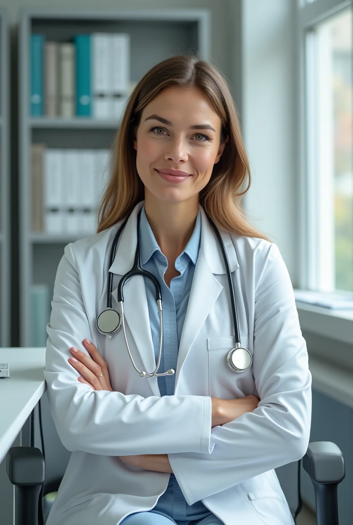 (medium full shot) of  (lovely doctor) young woman, swedish, tan skin, green eyes, full-figured build, long hazel updo hair,  wearing a crisp white shirt, comfortable pants, slip-on shoes, eyeglasses, set in  clinic, Consultation Room, Professional space with a desk and chair for the healthcare provider, anatomical models displayed on shelves, a computer workstation for electronic medical records, comfortable seating for patients, blinds allowing adjustable natural light community, at night, woman laughing, jumping in the air, Masterpiece,best quality, photo, realistic, very aesthetic, detailed face,