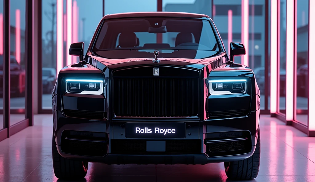 Rolls royace car color with red and black theme statue of ecstasy should be shown the car should be facing us
Background should match the dark vibes color and in number plate where RR is written write DD in same style