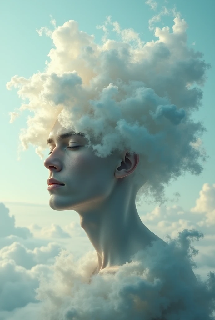 Cloud shaped like a man, faceless, sitting with his back turned, chin in both hands, looking up