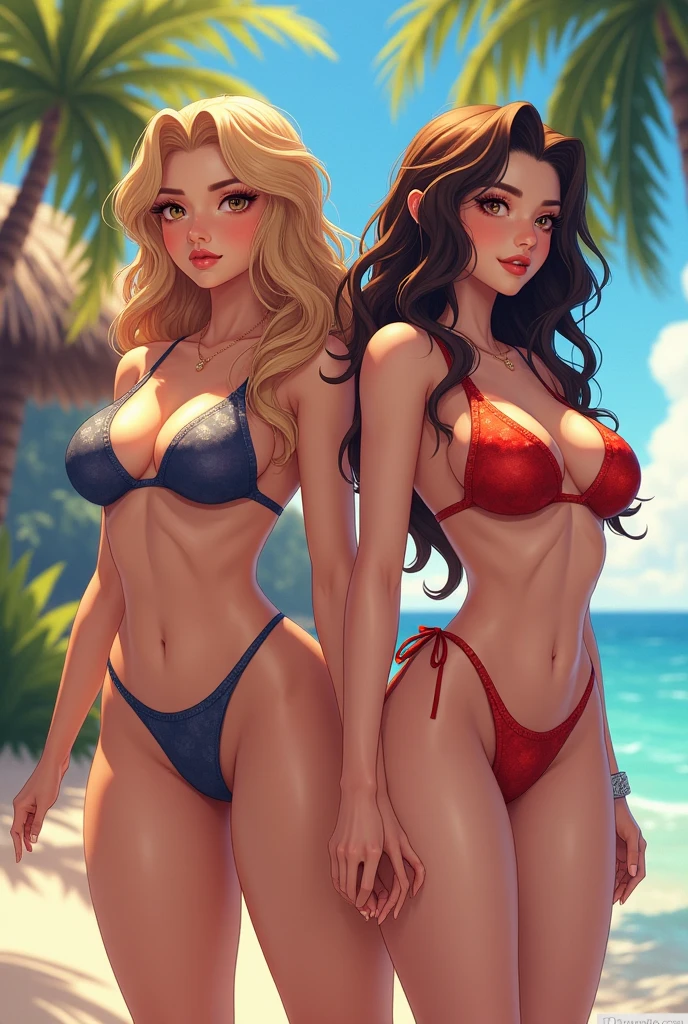 Beautiful woman from 20 years,on a beach,, eyes browns, curly hair, combined bikini, beautiful beautiful brunette,and with a formed body, realisitic, if possible, dark brunette, 4k realisitic 3d, real people