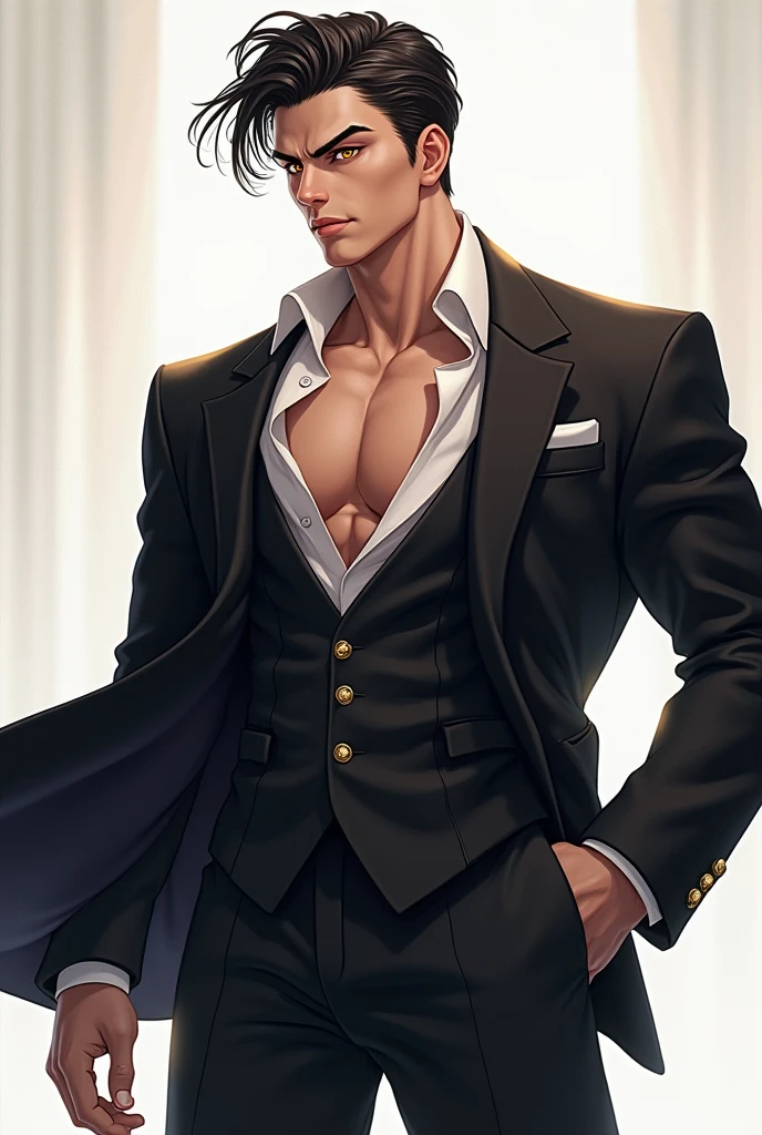 ((tmasterpiece, Need,Business negotiation aesthetics)),1 male solo, Close-up Shot Shot, (Determined eyes),(black suit jacket,White shirt,tiese,trousers),(cabelos preto e longos),(formal outfit),Mature men,(Clear facial features,detailed skin textures,Handsome face),white backgrounid, 耳Nipple Ring,Yellow skin, standing on your feet,(tmasterpiece,top Quority,best qualtiy),(((flatcolors))),Capricorn,Abs,chest muscle,