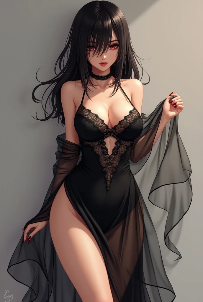 Adult gray woman, long black hair, red eyes, gray skin, Rich black dress, smirk, Smoke, The Masterpiece, hig quality
