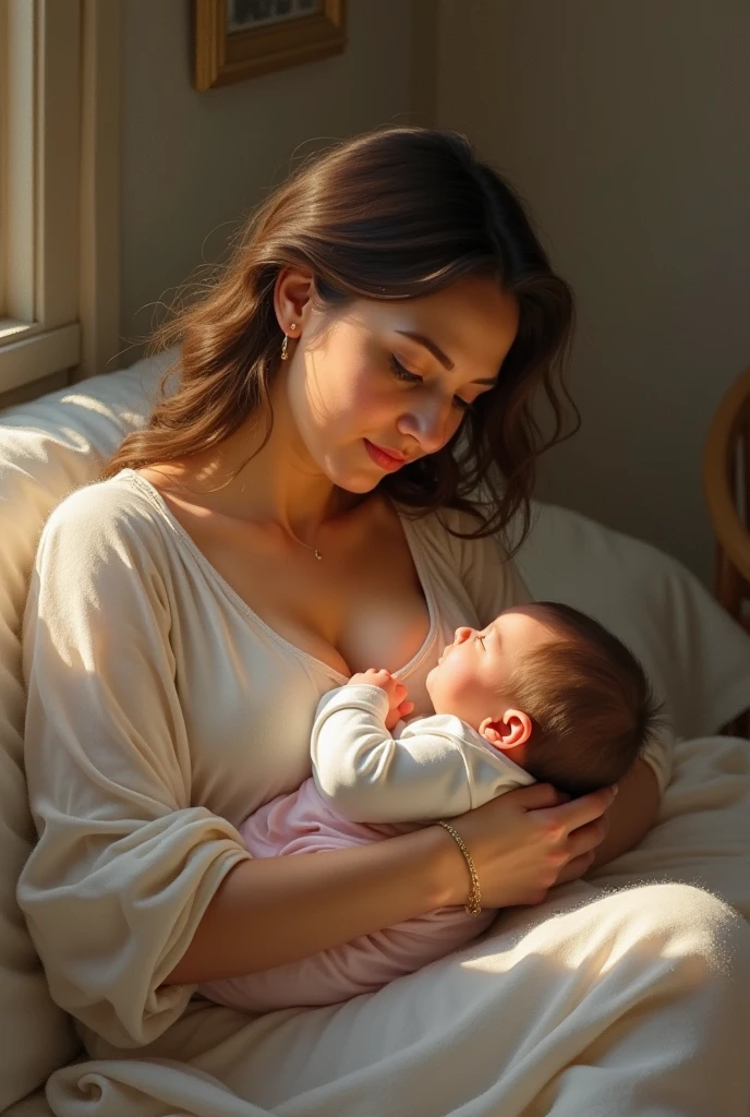 Jumbo big breasted girl is breastfeeding