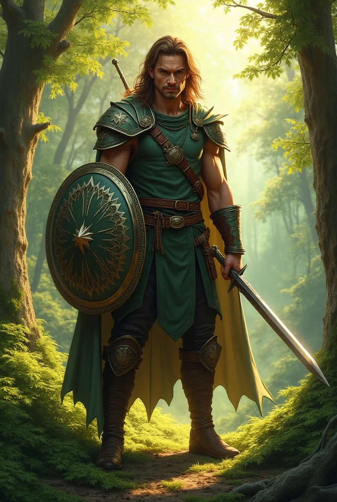 (best quality), a celtic warrior, hooded cloak, leather armor, celtic body tattoos:1.2), pale skin, muscular, dynamic pose, forest