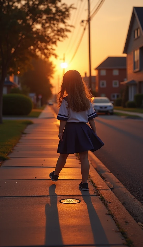 A girl with a light blue headband was facing me with her back to me,Wearing a white sweatshirt and a black skirt,Stand in the sunset of the city