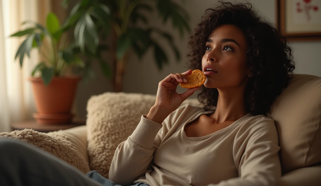 Palm shadow on the face, Very long Curly hair blond, Toffee color skin, beautiful caribean toffee mixed girl with long blond curly hair and extremely detailled clear yellow eyes , A pretty young woman eats sushi in front of the television sitting on the nude sofa in her living room, she wears a dark blue T-shirt and a dark blue leggings, night