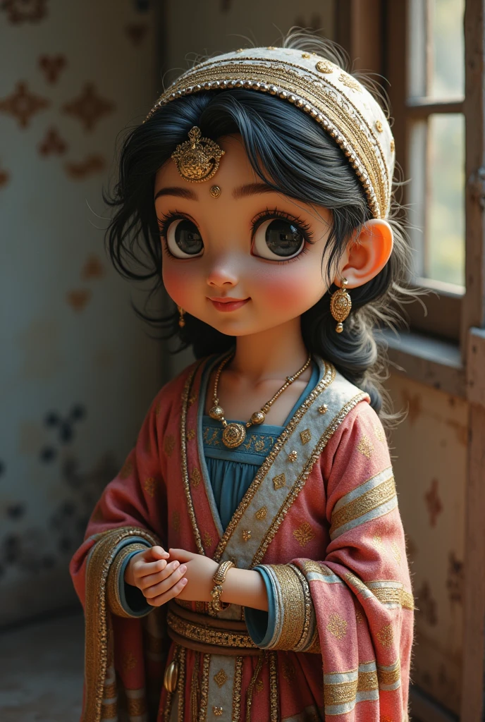 Green-eyed, light-skinned boy doll with an Arab costume and thick eyebrows