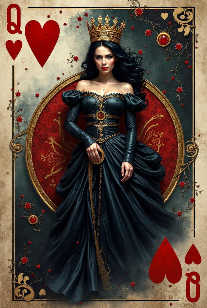 Make the Queen of Spades from Playing Cards, a queen of blue tones but sad with swords stuck in her heart