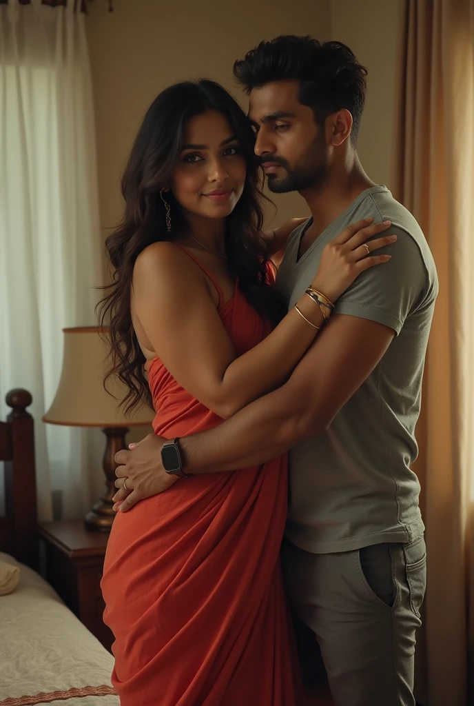 Beautiful and Slim, Sexy Indian woman in green blouse red saree lifting a large chubby man above her shoulders, man is sitting on woman's shoulders, in a bedroom with high ceiling, natural smile, woman is looking into the camera , full body image