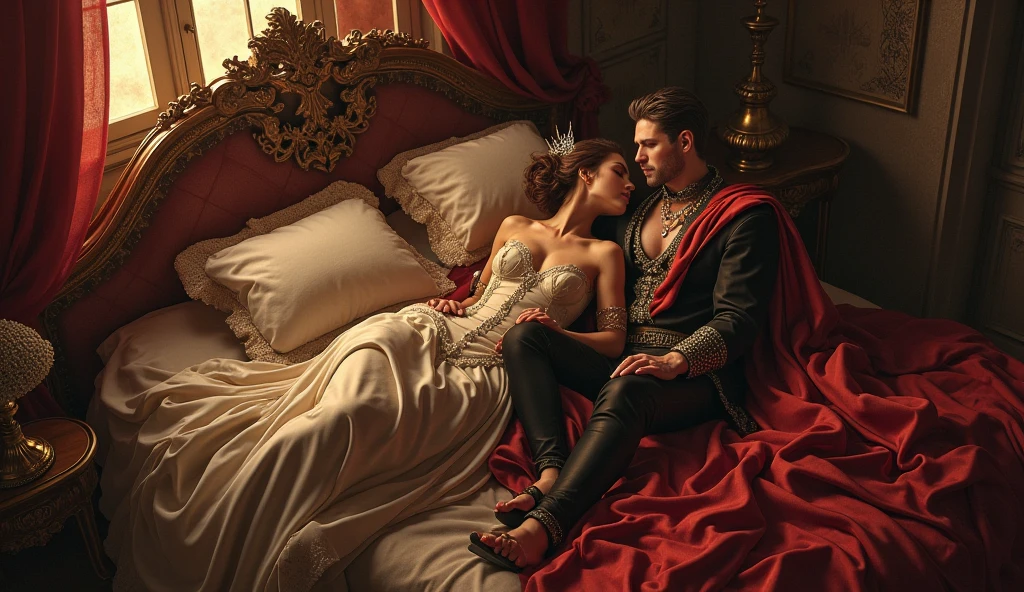illustrates a 50 year old king bare-chested while being ridden by the queen (the king who is under the queen on the king's body on the bed)