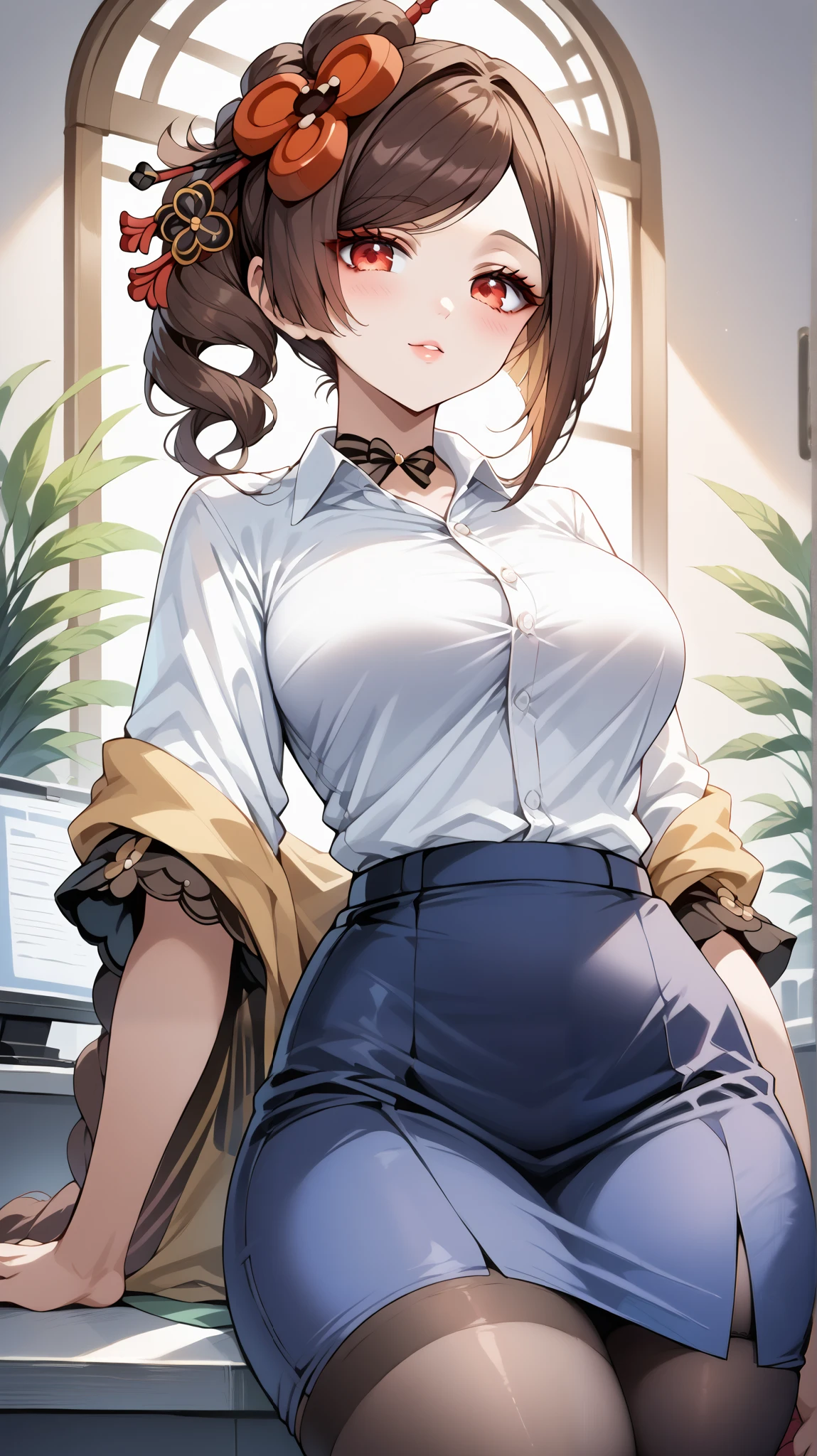 score_9, score_8_up, score_7_up, source_anime, 4K,perfect fingers,(perfect hands, perfect anatomy),prefect lighting, very aesthetic, intricate details,highly detailed background, masterpiece, high quality, best quality,
1girl,Solo,genshinchiori, chiori, brown hair, hair ornament, red eyes, flower, hair flower, large breast,
wearing ((office lady,)),,
Curvy Girl,