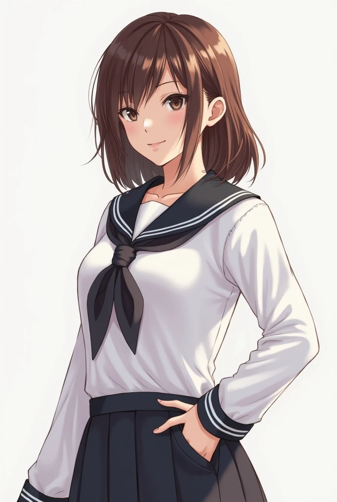 best quality, masterpiece, highres, solo, {noshiro_kantaicollection:1.15}, brown_hair, braid, long_hair, twin_braids, green_eyes, breasts, bangs, large_breasts, swept_bangs, blush, 1girl, black_sailor_collar, looking_at_viewer, sailor_collar, sailor_shirt, shirt, upper_body, serafuku, black_shirt, dress_shirt, long_sleeves, school_uniform, simple_background, smile, white_background