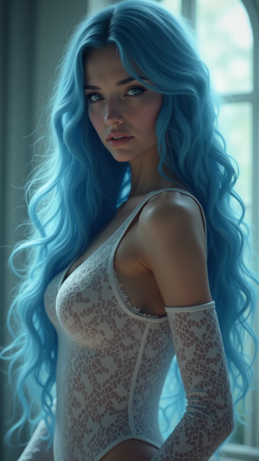 Full body of a Syrian WOMAN, blue curly  hair, white crop top and baby blue pleaded skirt, big boobs, angry look, looking down at viewer, natural skin texture, 24mm, 4k textures, bright cinematic light, RAW photo, photorealism, photorealistic, intricate, elegant, highly detailed, sharp focus, ((((((cinematic look)))), soft tones, insane details, intricate details, hyperdetailed, low contrast, soft cinematic light, bright colors, exposure mix,  hdr, below view angle, full body head to toe, hand on breast, wearing choker, thick thighs, over the knees socks