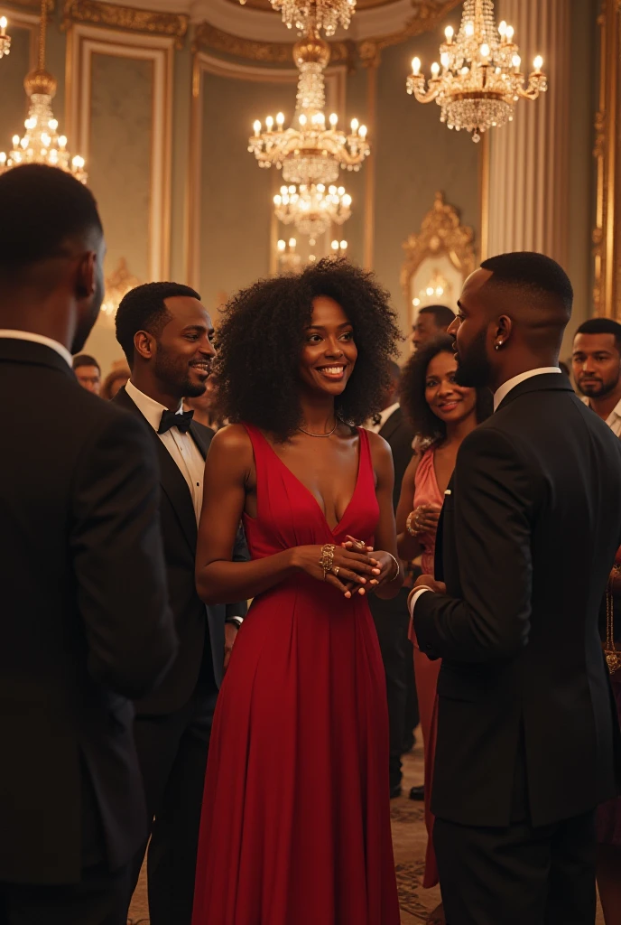 (photorealism:1.2), businessmen black African American, in suits, talking to a beautiful white woman with black curly hair, using red dress, chatting at lounge, sitting in a sofa