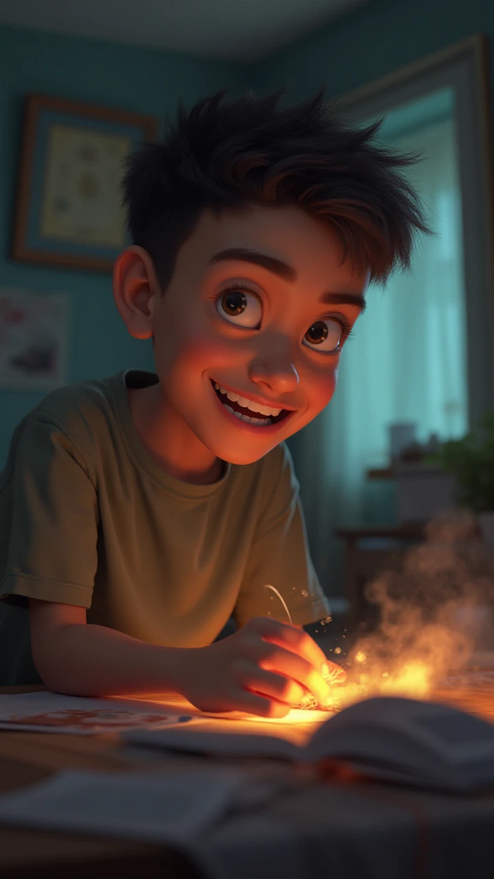 A boy with a happy expression, wearing play clothes, is seen in a realistic animation style. His eyes had striking multi-colored spirals and he wore a sinister smile. Saliva seemed to drip from his mouth due to extreme excitement. She was holding a clear ziplock bag containing sparkling blue crystals. On the wooden table in front of him, there were crystal powders that looked like they were being manipulated in a secretive manner. The background is a dark room with a single focused light source illuminating the boy.