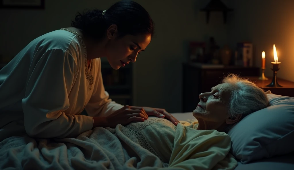 the place is a castle. specifically in a dining room, A young woman who has a nightgown with long, wavy black hair is crying while an elderly woman comforts her by hugging her.