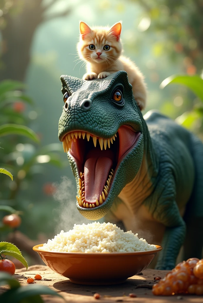 Make dinosaur eating rice and cat on his head