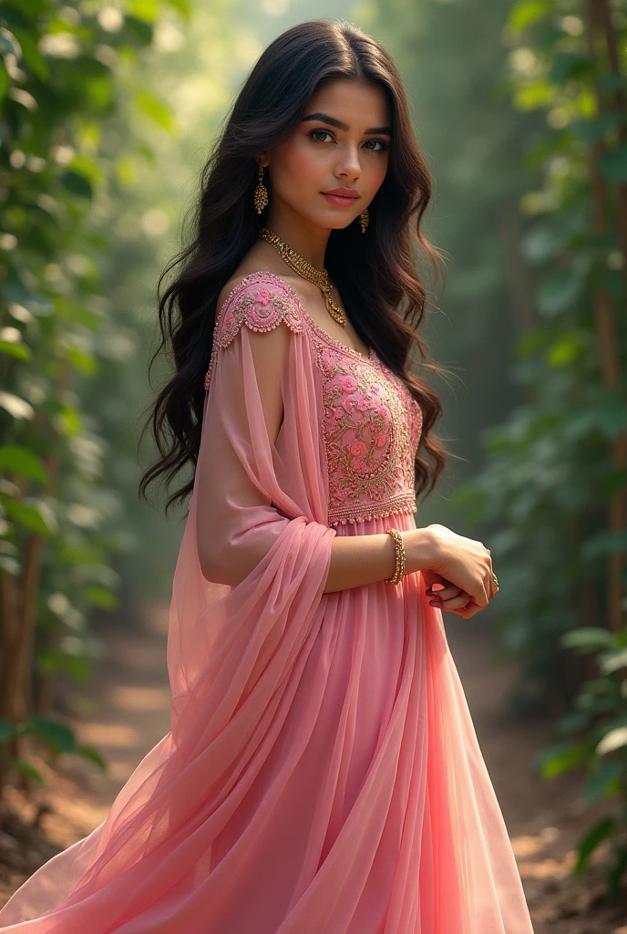 "A beautiful girl is standing in a pink saree, but she is not wearing a blouse, so her breasts are visible."