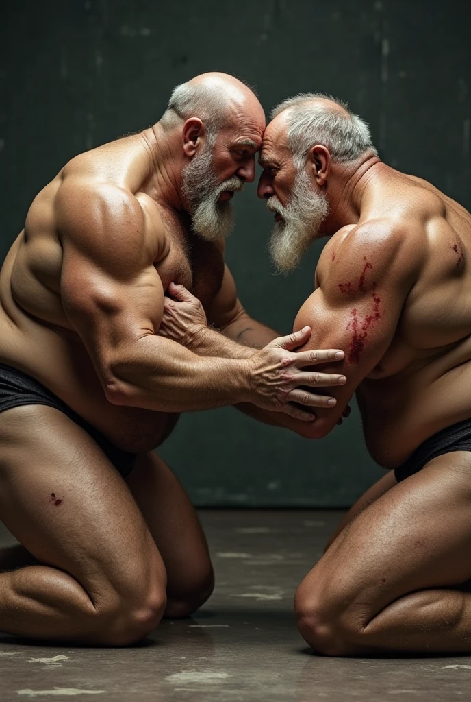 Hyperrealistic image of the cover of a bodybuilding magazine with two men hugging each other posing as very muscular superheroes with grey hair, very old and very sweaty bodybuilder over 80 years old..very muscular and fat, He weighs more than 200 kilos with a naked torso., large and flaccid pectorals, Brown nipples and a big grey mustache at a bodybuilding tournament dressed in red latex thongs