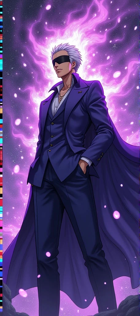 Create gojo satoru with black blind folds with purple suit with Gastly auria and one piece art style
