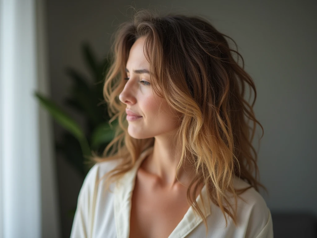 photo of a 18 year old girl,adjusting hair,perm,happy,shirt,pants,ray tracing,detail shadow,shot on Fujifilm X-T4,85mm f1.2,sharp focus,depth of field,blurry background,bokeh,motion blur,<lora:add_detail:1>,