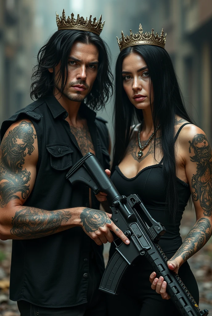 (photorealism:1.2), shirtless man wearing black cargo pants with black boots, holding an AK-47, black bandana, background with a black R34 car with red neon lights, and a girl next to him wearing a black shirt, black cargo pants, black boots, holding an M4, black bandana, both with tattoos, the girl with Japanese-style tattoos on her arms and chest, and the guy with Japanese-style tattoos on his arms and other tattoos on his chest.