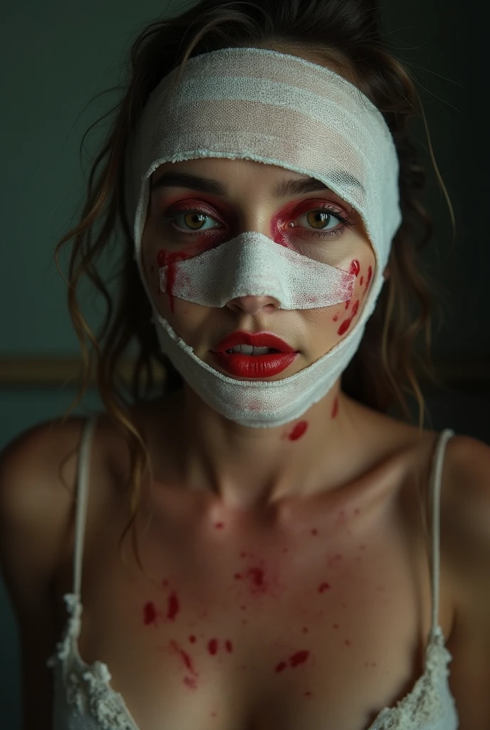 Create an image of a mask with details in blood placed on a black background