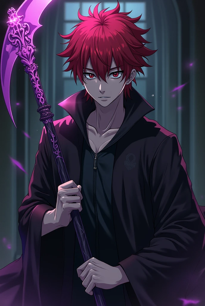 dark aura, hell, male, purple eyes, bats, blood, red hair, chain, experienced, tatoo, long parted bang, disease, old a skull on hand, cool, bones, emperor cloak, purple flame, handsome, cool, glowing eyes, 
