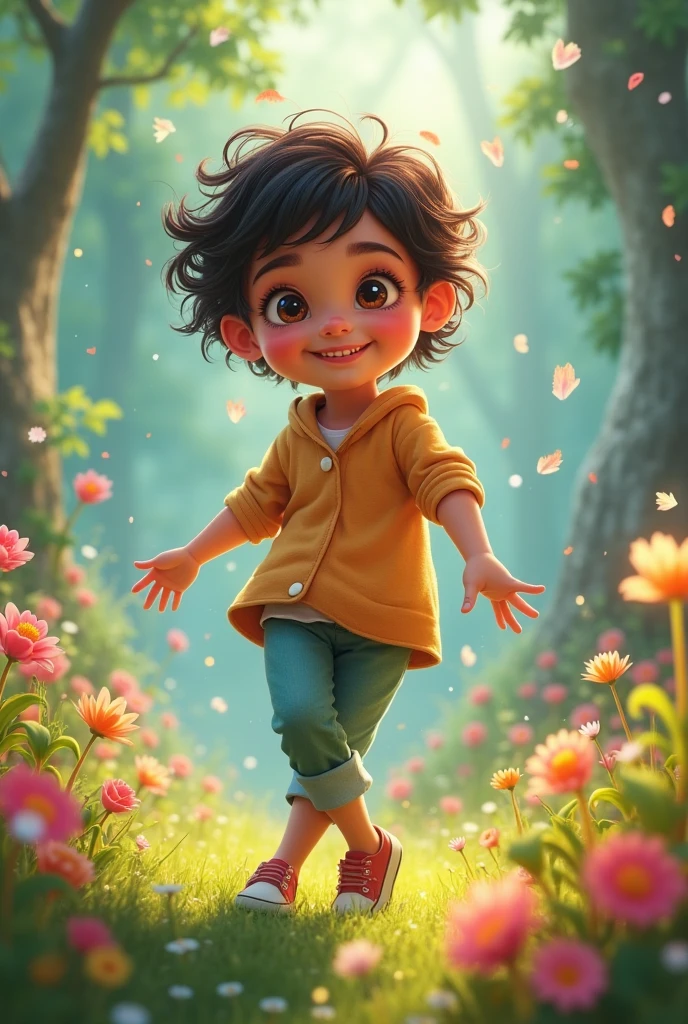 A boy with brown curly hair and is tall and has green eyes