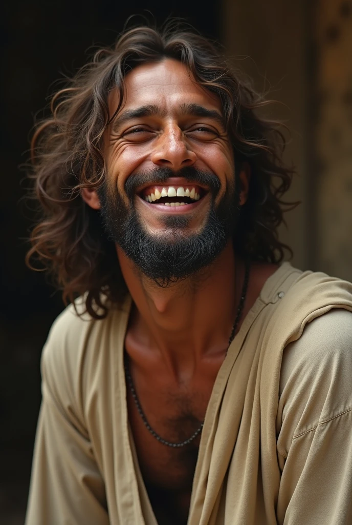 The resurrected Jesus smiling next to an indigenous hut and behind a cross