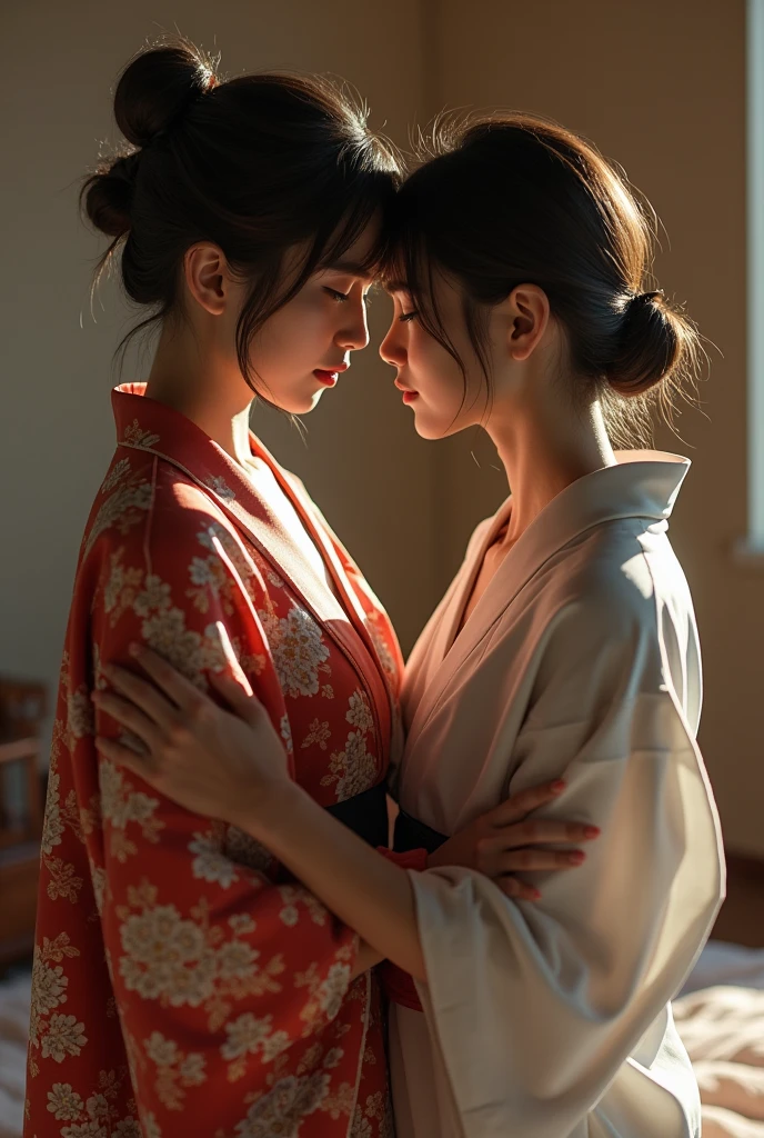 Faded old photo, old-fashioned, disheveled yukata, undressed yukata, no underwear, two women, Japan woman, cleavage, kissing, sticking out tongue and licking, sweat, carefully drawing fingers