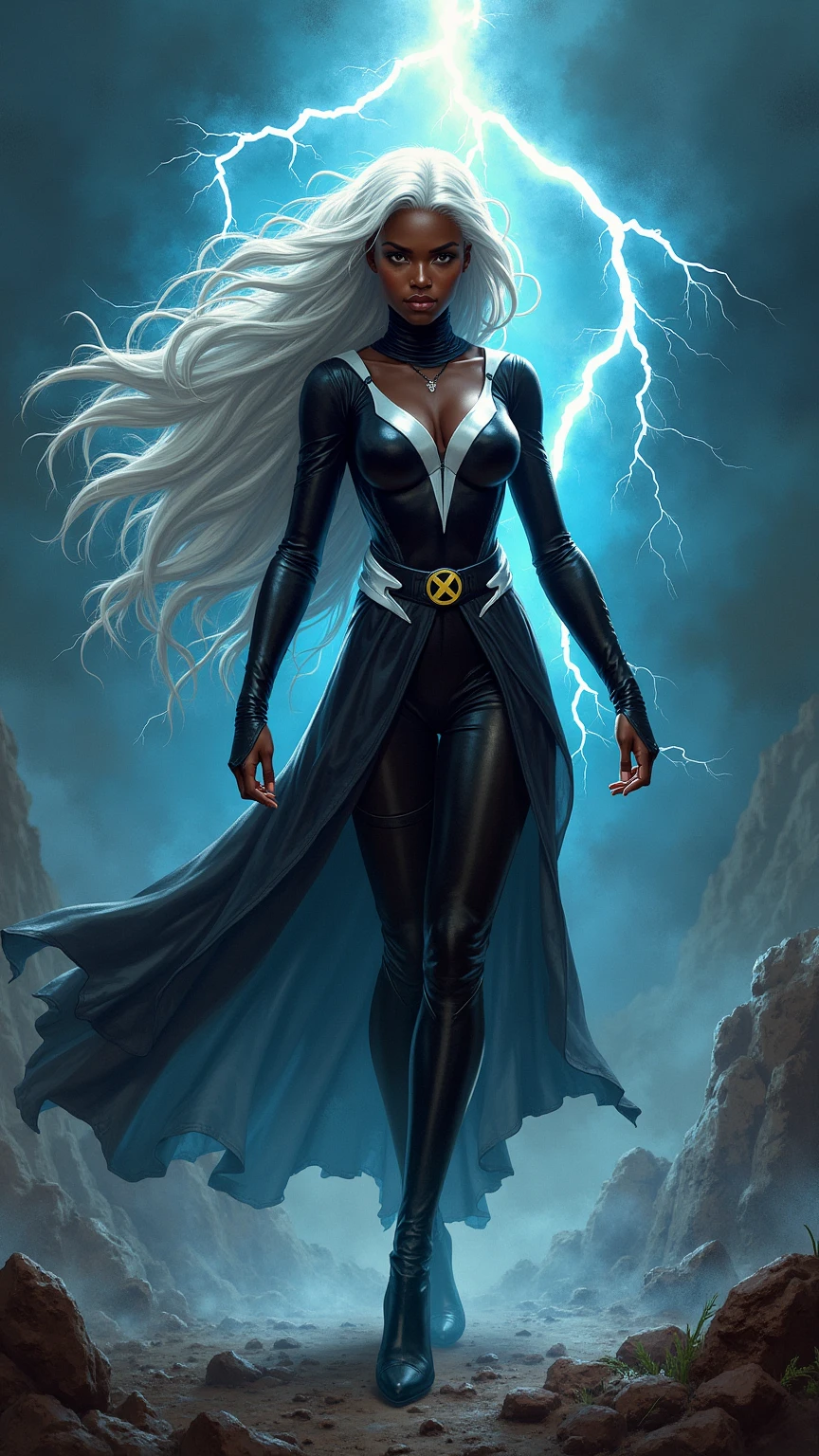 Ororo Munroe, (white long hair), dark skin, white eyes, jewelry, thigh boots, black cape, bracers, floating hair, bodysuit ,
sexy pose, hands on hips, looking at viewer, smiling,
outside, beach, cloudy, rain, large waves in ocean, palm tree,
intense ambiance, extremely detailed, HDR,<lora:Storm-10:.8> <lora:whiteeyes_27:.8>