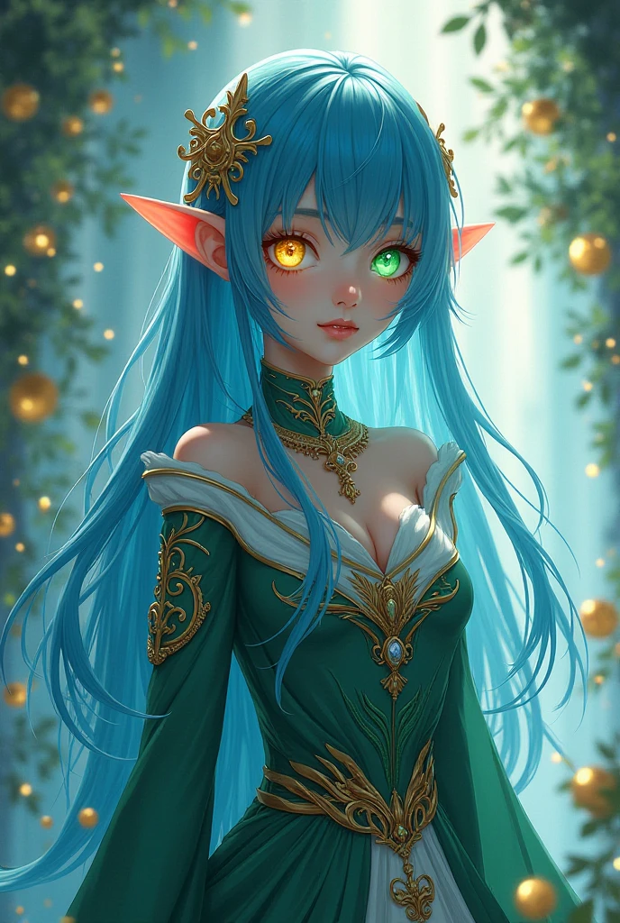 Anime type fantasy she is female and she is the Princess she have big milks she eating a candy she blue eyes she have green hair long ears and she wear dess open up she look like a scary.