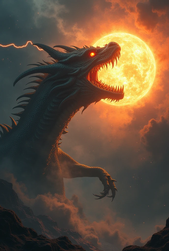 Strange monsters of the fantasy world,Thunder Dragon,Strong limbs,In flames,Blood,Covered with thick thorns,Moonlit Night,Medium shot scenes,Like the whole body,Highly detailed surreal VFX,OC Rendering,