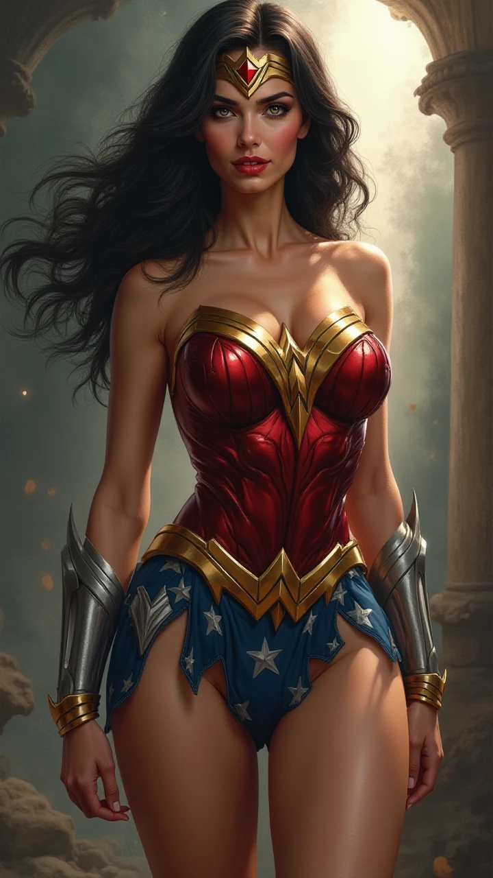 A toned athlete, muscular, blue eyes, black hair Wonder Woman in Wonder Woman’s tiara, red and gold bustier, blue leotard with white stars, ((silver wrist bracelets:1.2)), ((Red knee high boots:1.2)), golden belt with athletic and muscular body is punched and falling to the ground by Reverse flash in black costume. (Perfect anatomy), (masterpiece:1.2), (best quality:1.2), intricate details, Muted Tone, Delicate, Detail, sharp focus, perfect hands, perfect face, perfect eyes, perfect light, dynamic light, natural light
