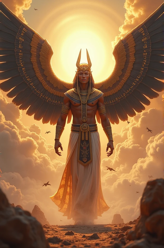 Pachacamac, adorned in elaborate ceremonial attire, wears a headdress of feathers and precious stones, emphasizing his divine status.
