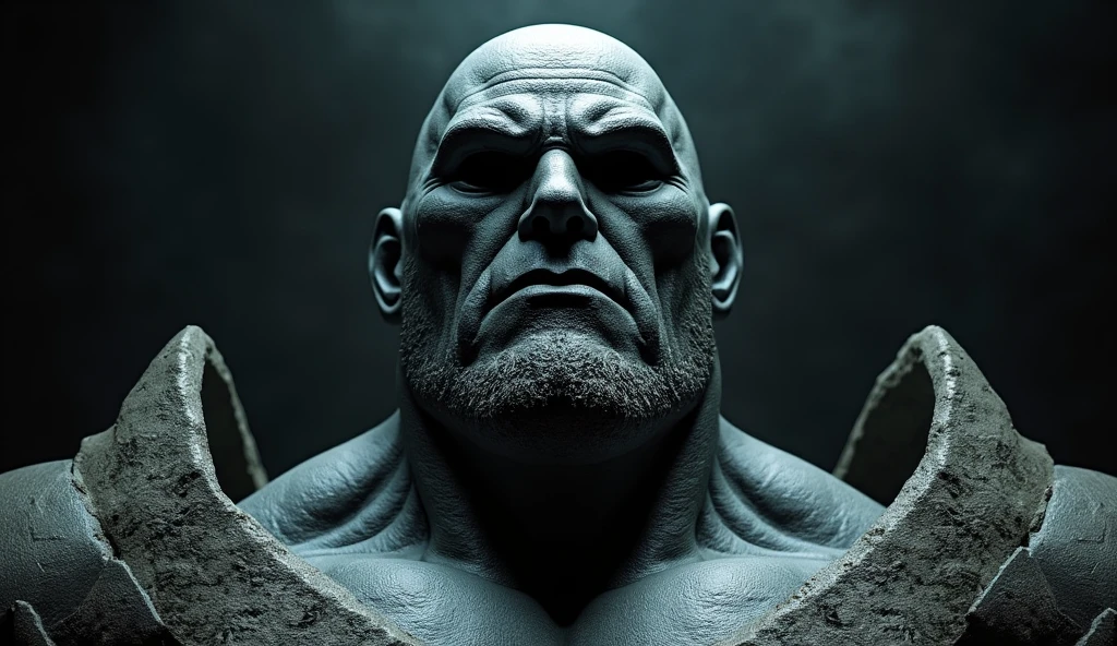 a stone bust sculpture of an orc with a pedestal, detailed facial features, intricate textures, dramatic lighting, gritty realism, chiaroscuro shading, muted earthy tones, cinematic composition, muscular powerful figure, menacing expression, stone carved surface details, ornate pedestal design, masterpiece, ultra-detailed, award-winning digital art
