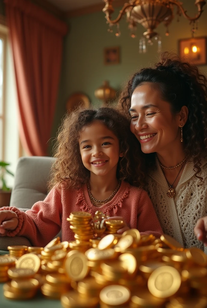 a blonde child girl 10 YEARS OLD long hair, two red cds sitting on top of a wooden table, gold and red metal, gold