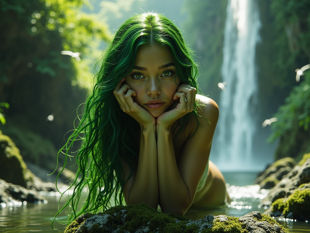 Long shot of a full view of a woman lying on the shore of a lake with a waterfall with the oil soaked in water drops,attractive delicate and beautiful woman with freckles closed eyes long black hair with neon green and orange highlights piercing tattooed naked and barefoot looking at lip