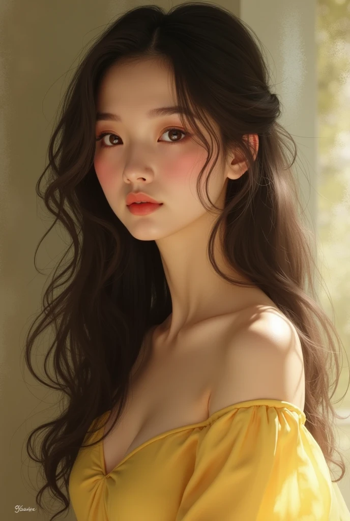 on a artistic like style semi realistic of a young woman with a serene and gentle expression. Her features are delicate, with soft, glowing skin, full lips, and slightly flushed cheeks. Her almond-shaped eyes are expressive and appear thoughtful, gazing slightly off to the side. She has long, dark, and wavy hair that cascades over her shoulders, adding a natural and graceful touch to her appearance.
The woman is dressed in a simple yet elegant yellow garment with a soft neckline, enhancing the purity and softness of the overall scene. The background is blurred , focusing attention on the subject, and the image has a warm, golden glow that adds to the timeless and classic atmosphere of the portrait. The entire piece has a painterly quality reminiscent of traditional oil painting.