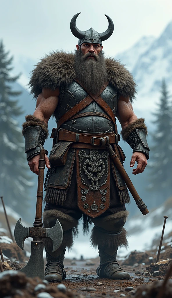 2.50 meter tall Viking with bear skin as clothing