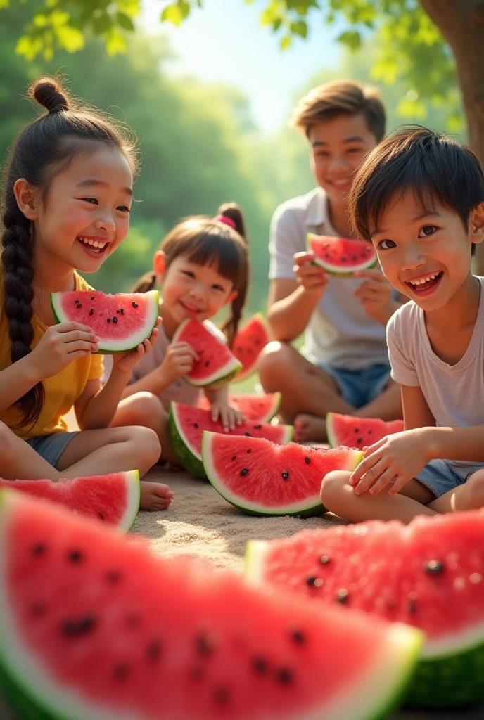 Big sun, little boy and little girl under the tree eating a slice of watermelon, big eyes, normal fingers, HD, details, vistas