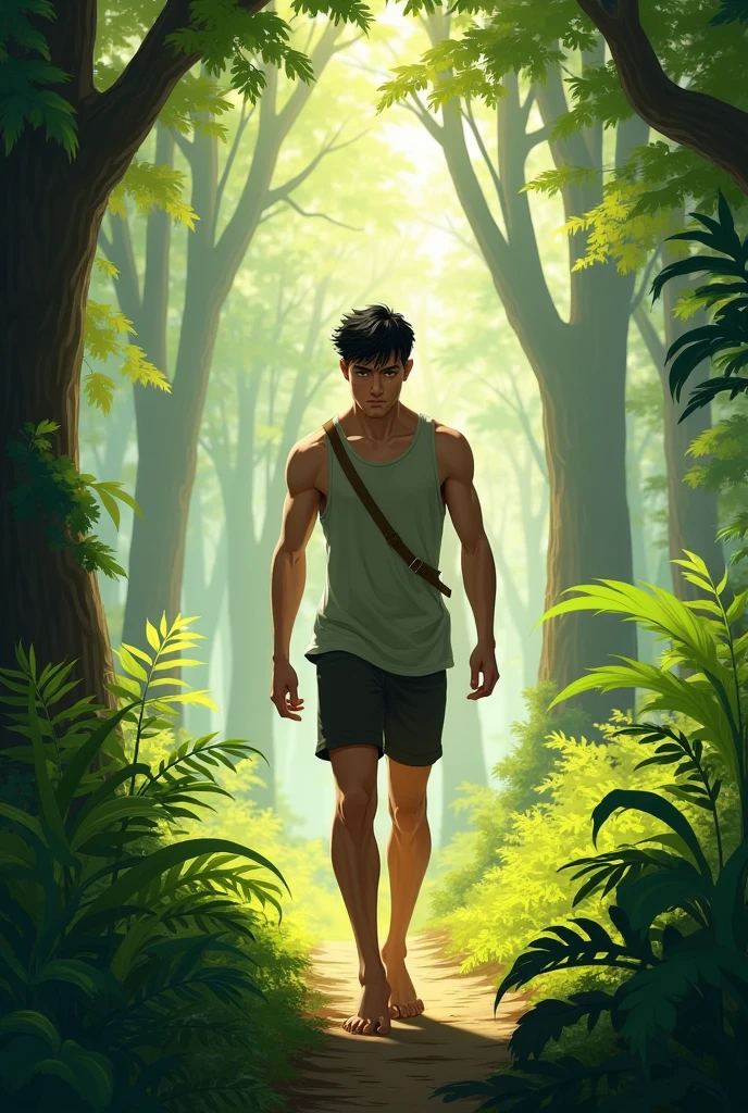 evocking evoking virtue between vanity and lazines, barroque oil painting, dramatic scene, , ((a Latin man with a slim, toned athletic body, barefoot wearing white clothes, ))walks in the middle of the forest, ((on the right a white man with a beautiful athletic body, a perfect shirtless symmetrical and masculine face)) on the left ((a fat man with old and torn clothes looks at his phone cell phone)) in the background scary scene of poverty and illness